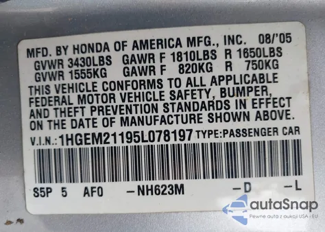 2005 Honda Civic Vp из США, поврежденный, VIN 1HGEM21195L078197
